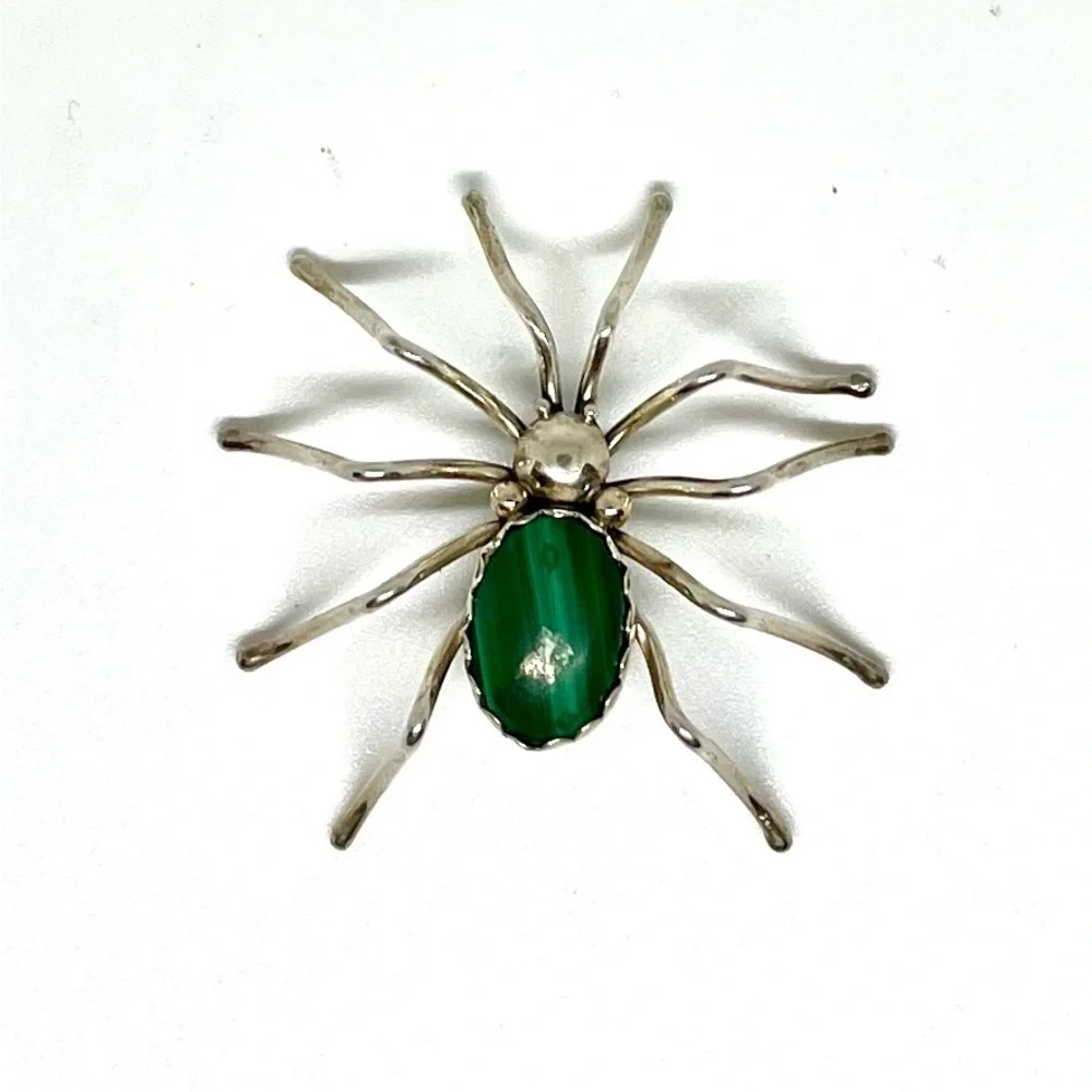 Vintage Silver & Malachite Spider Brooch